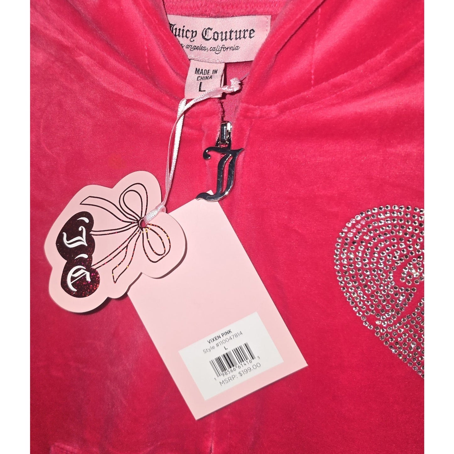 Juicy Couture OG Bling Heart Velour Tracksuit Set In Vixen Pink Size Large NWT