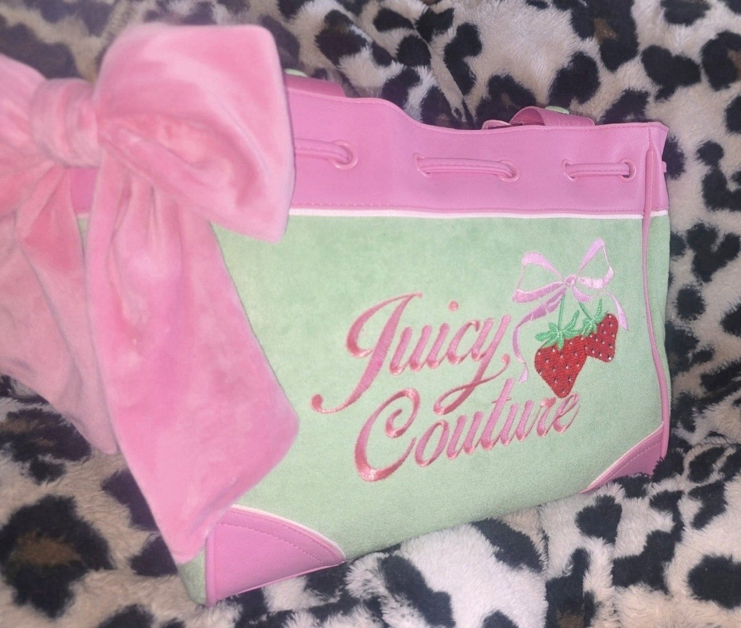 Juicy Couture Retro Strawberry Daydreamer Tote Retro Green Set Velour Y2K Bag With Micro Bag, Wallet. Coin Purse NWT