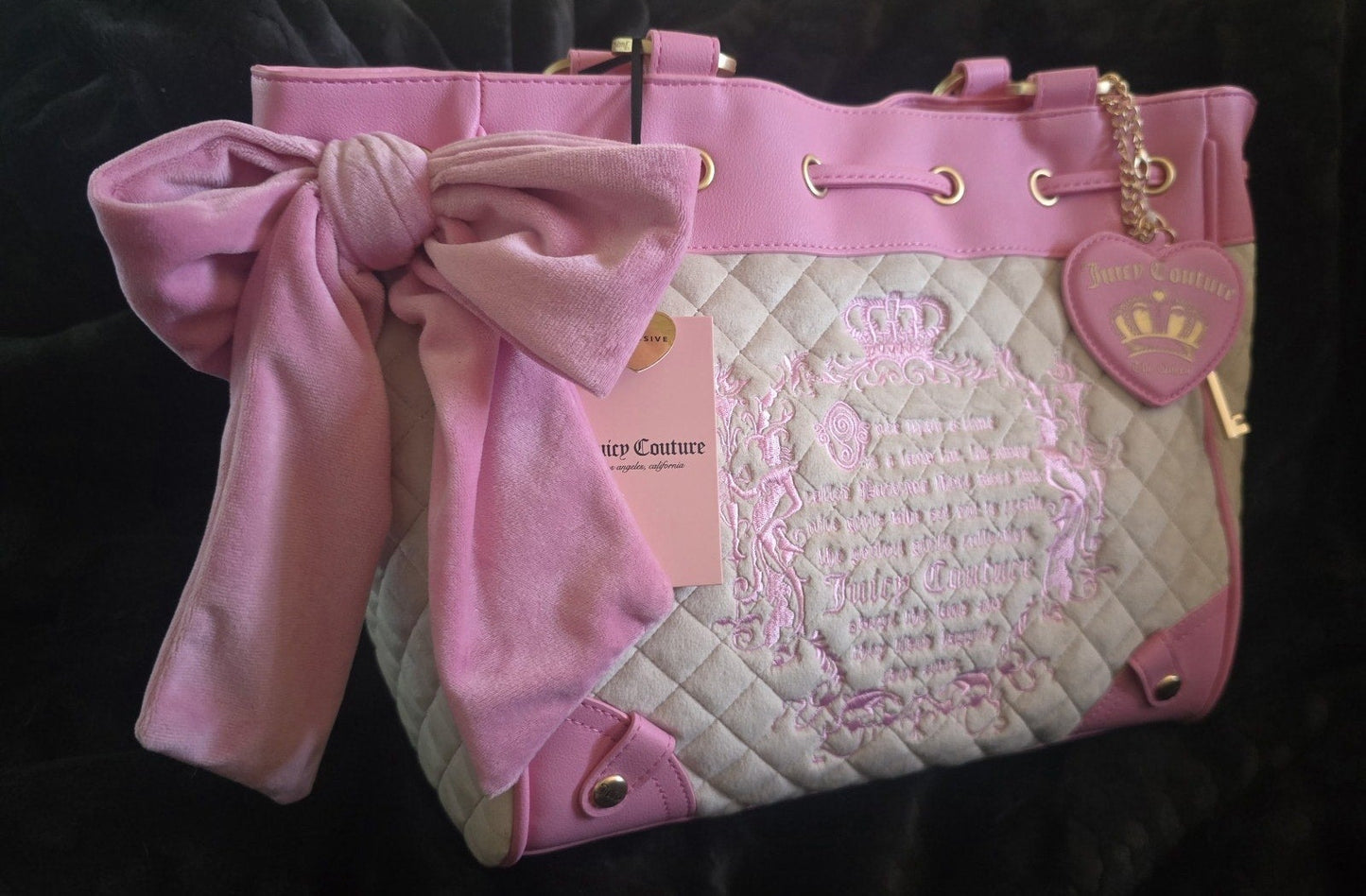 Juicy Couture Juicy Tale Daydreamer Tote Sandstone & Pink Large Velour Y2K Shoulder Bag NWT