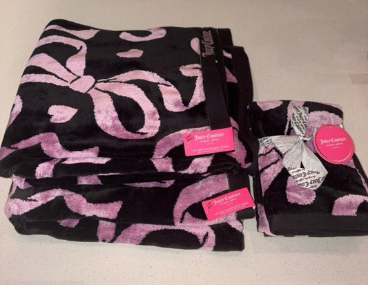 Juicy Couture Black Violet Bow Reversible Oversized 4‑Piece Towel Set Luxury Cotton Viscose NWT