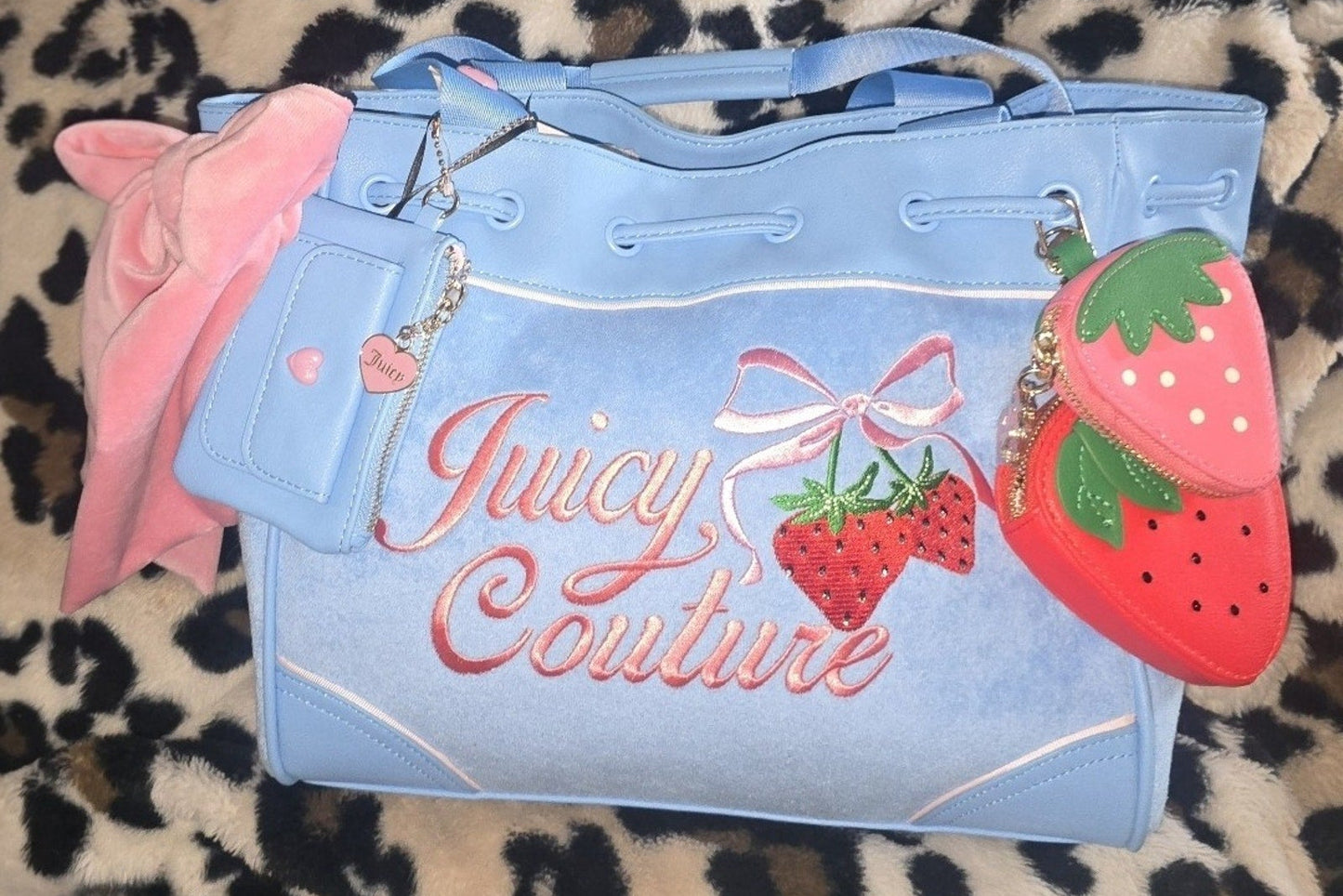 Juicy Couture Retro Strawberry Daydreamer Tote Blue Gleam Set Velour Y2K Bag with Micro Bag & Coin Purse NWT