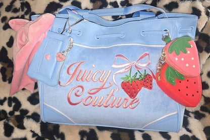 Juicy Couture Retro Strawberry Daydreamer Tote Blue Gleam Set Velour Y2K Bag with Micro Bag & Coin Purse NWT