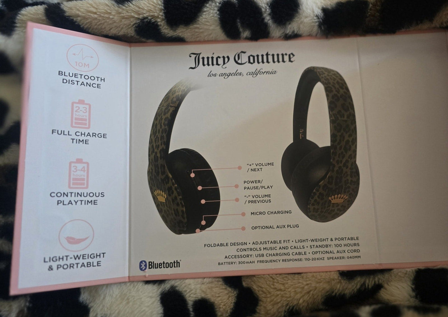 Juicy Couture Wireless Bluetooth Over Ear Headphones Leopard Print Lightweight