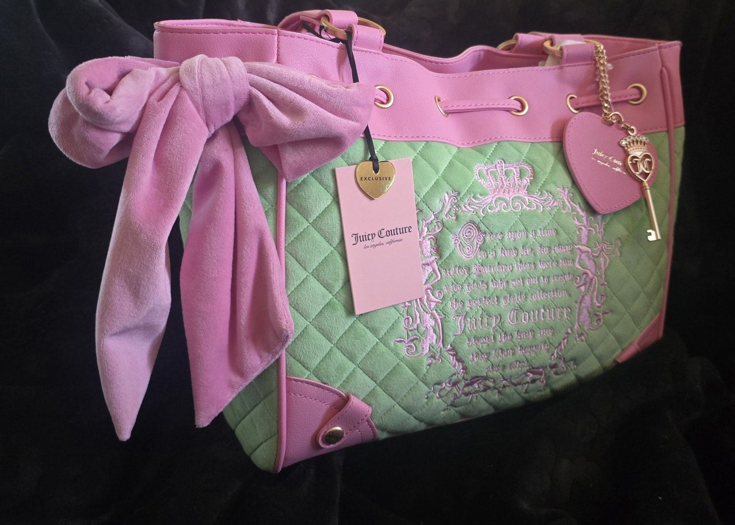 Juicy Couture Juicy Tale Daydreamer Tote Retro Green Large Velour Y2K Cherry Shoulder Bag NWT