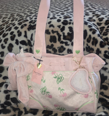 Juicy Couture Retro Juicy Cherry Gelato Daydreamer Tote Cream Multi Medium Velour Y2K Cherry Shoulder Bag NWT