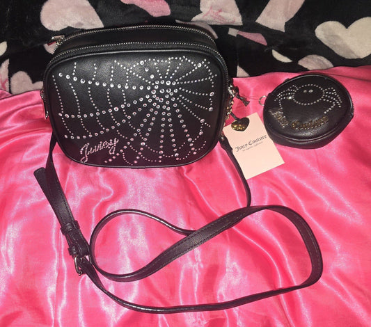 Juicy Couture Haunted Couture Double Zip Leather Crossbody – Black Spider Web 🕸️