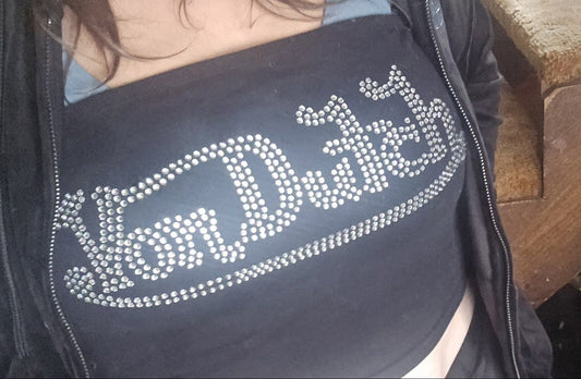 Von Dutch Velour Black Tracksuit Set – Blue Stone Logo (Large) + XL Rhinestone Tube Top