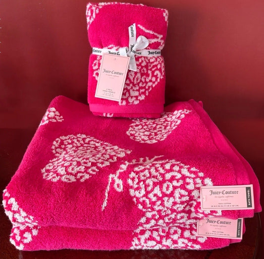 Juicy Couture Pink With Gold Leopard Heart Reversible Print 4 Piece OS Towel Set