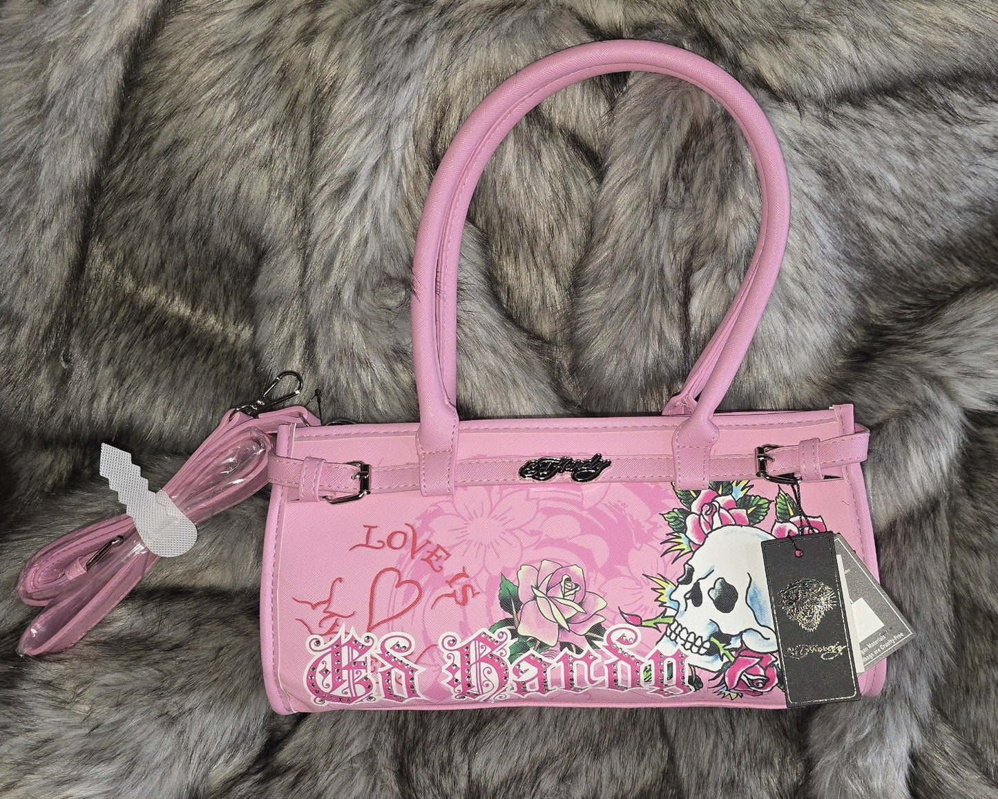 Ed Hardy Love Is Pink Tote Shoulder Bag Skull & Rose Medium Faux Leather Y2K Crossbody NWT