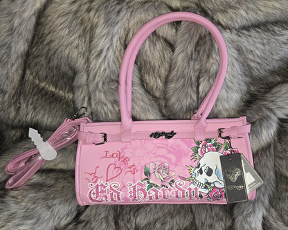 Ed Hardy Love Is Pink Tote Shoulder Bag Skull & Rose Medium Faux Leather Y2K Crossbody NWT