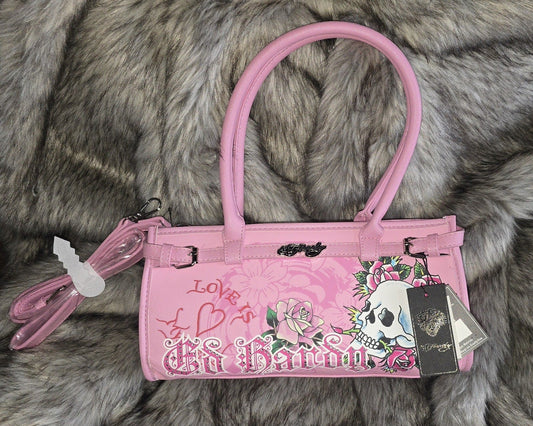 Ed Hardy Love Is Pink Tote Shoulder Bag Skull & Rose Medium Faux Leather Y2K Crossbody NWT