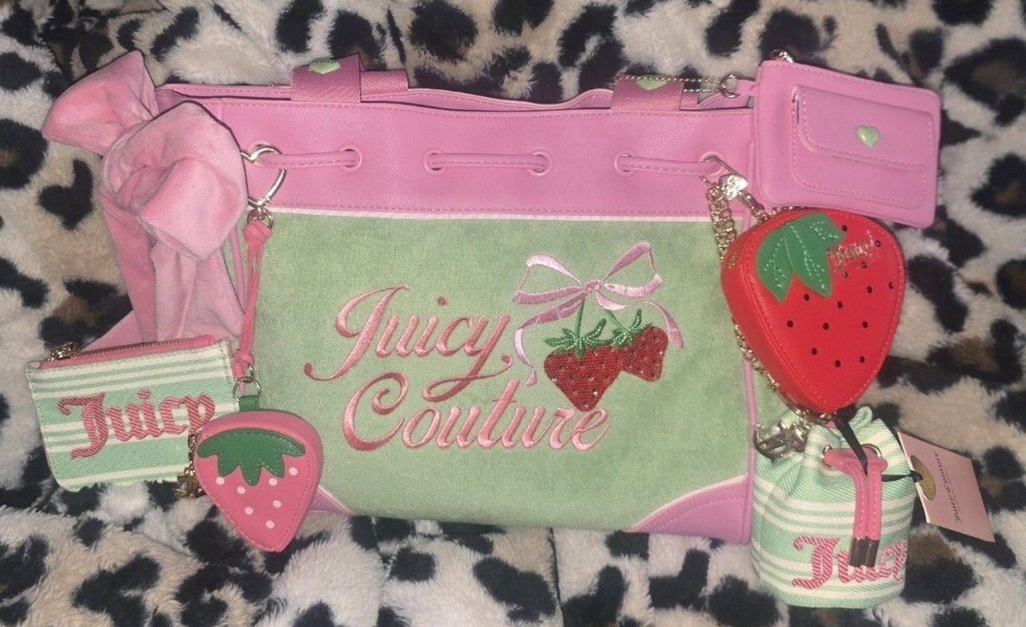 Juicy Couture Retro Strawberry Daydreamer Tote Retro Green Set Velour Y2K Bag With Micro Bag, Wallet. Coin Purse NWT