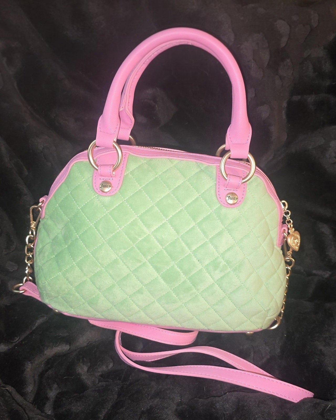Juicy Couture Juicy Tale Crossbody Bag Retro Green Medium Velour Y2K Pink Handles Shoulder Bag NWT