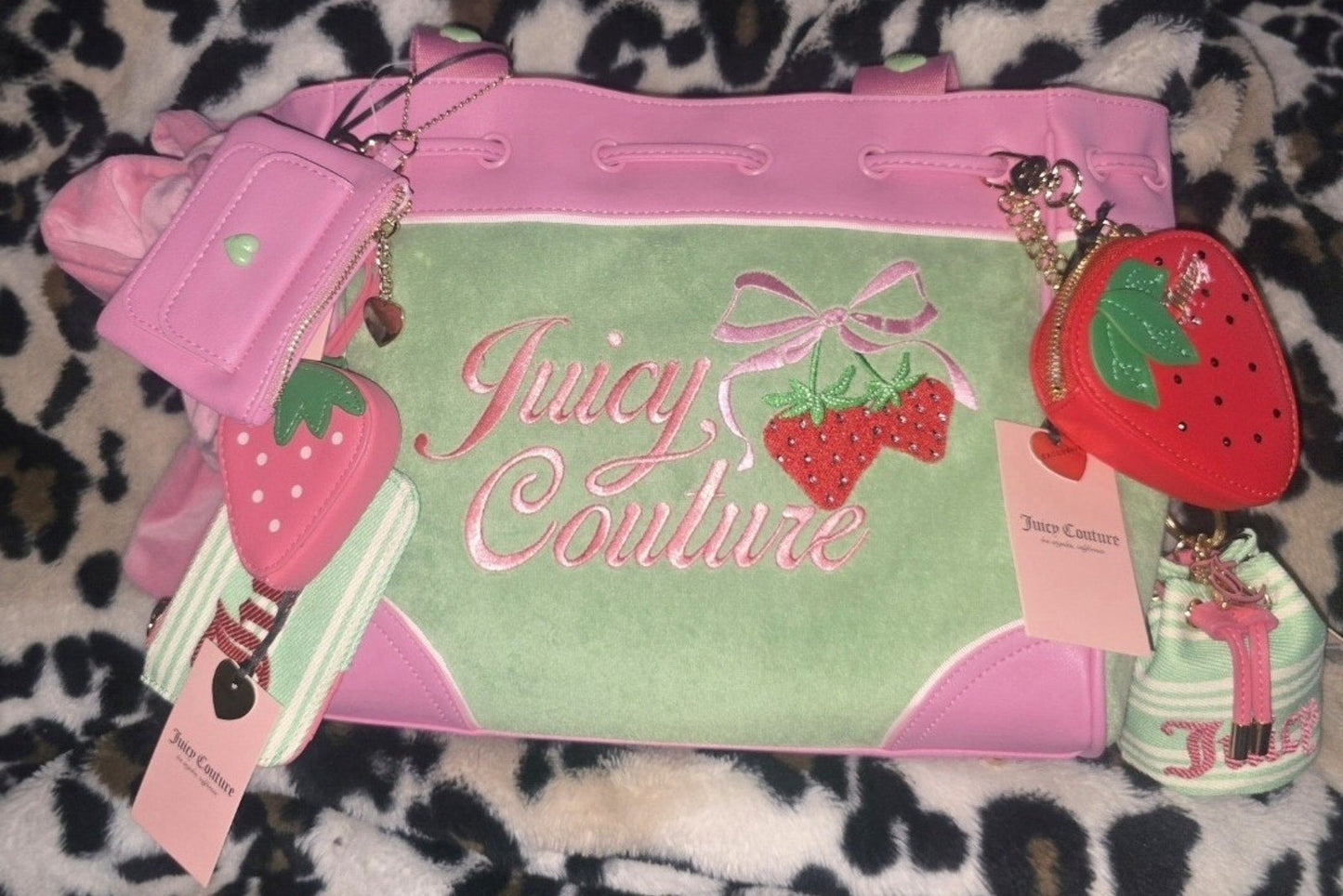 Juicy Couture Retro Strawberry Daydreamer Tote Retro Green Set Velour Y2K Bag With Micro Bag, Wallet. Coin Purse NWT