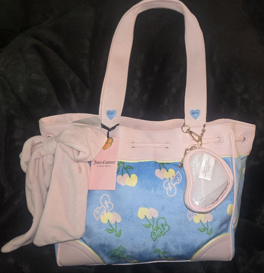 Juicy Couture Retro Cherry Daydreamer Tote Blue Gleam Multi Large Velour Y2K Cherry Shoulder Bag NWT