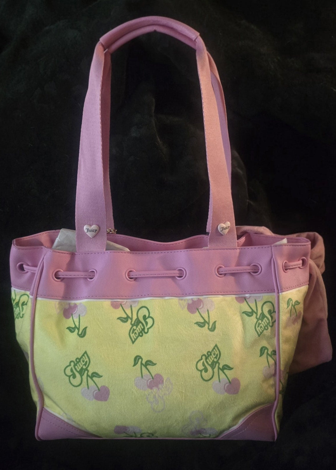 Juicy Couture Retro Cherry Daydreamer Tote Yellow Iris Multi Large Velour Y2K Cherry Shoulder Bag NWT