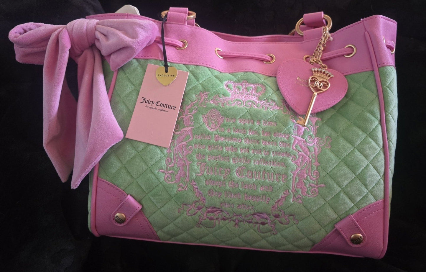 Juicy Couture Juicy Tale Daydreamer Tote Retro Green Large Velour Y2K Cherry Shoulder Bag NWT