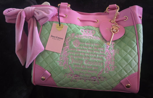 Juicy Couture Juicy Tale Daydreamer Tote Retro Green Large Velour Y2K Cherry Shoulder Bag NWT