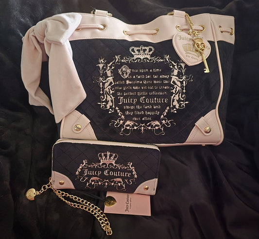 Juicy Couture Juicy Tale Daydreamer Tote & Wallet Set Black Liquorice Large Velour Y2K Shoulder Bag NWT