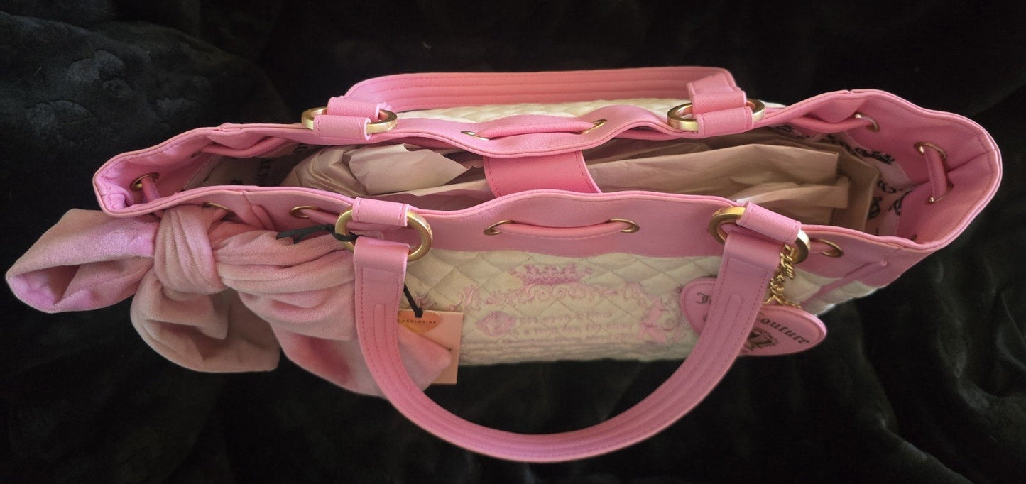 Juicy Couture Juicy Tale Daydreamer Tote Sandstone & Pink Large Velour Y2K Shoulder Bag NWT
