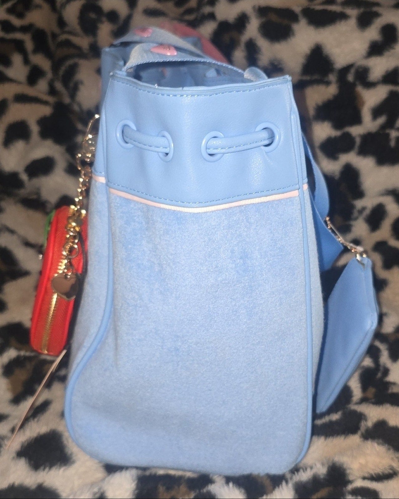 Juicy Couture Retro Strawberry Daydreamer Tote Blue Gleam Set Velour Y2K Bag with Micro Bag & Coin Purse NWT