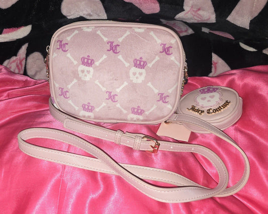 Juicy Couture Haunted Couture Pink Skull Double Zip Crossbody with Skull Pouch 💀