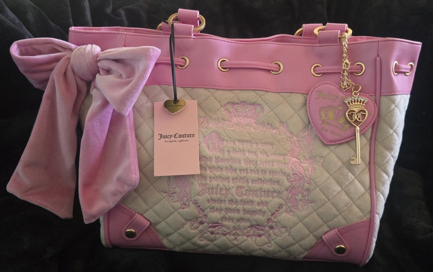 Juicy Couture Juicy Tale Daydreamer Tote Sandstone & Pink Large Velour Y2K Shoulder Bag NWT