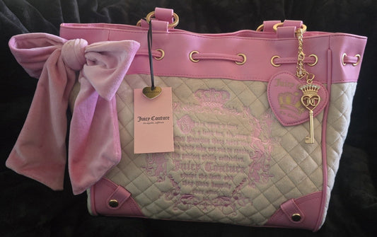 Juicy Couture Juicy Tale Daydreamer Tote Sandstone & Pink Large Velour Y2K Shoulder Bag NWT