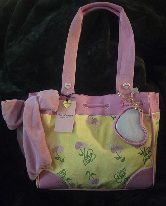 Juicy Couture Retro Cherry Daydreamer Tote Yellow Iris Multi Large Velour Y2K Cherry Shoulder Bag NWT