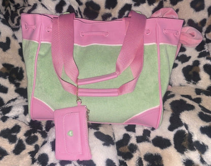 Juicy Couture Retro Strawberry Daydreamer Tote Retro Green Set Velour Y2K Bag With Micro Bag, Wallet. Coin Purse NWT