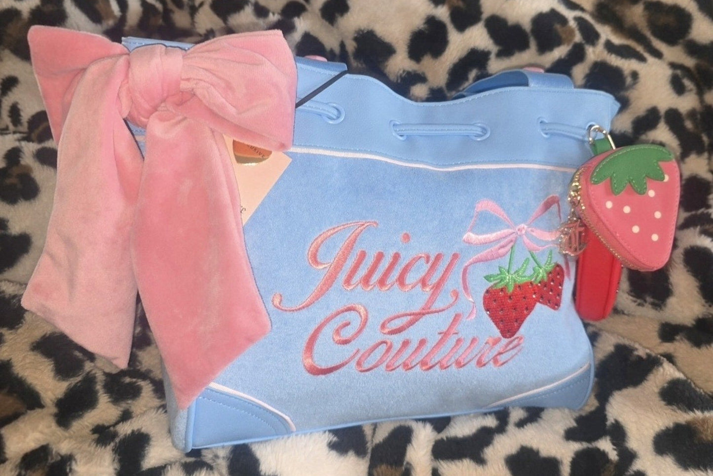 Juicy Couture Retro Strawberry Daydreamer Tote Blue Gleam Set Velour Y2K Bag with Micro Bag & Coin Purse NWT