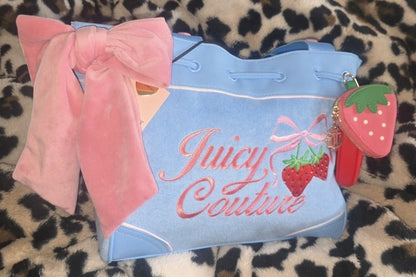 Juicy Couture Retro Strawberry Daydreamer Tote Blue Gleam Set Velour Y2K Bag with Micro Bag & Coin Purse NWT