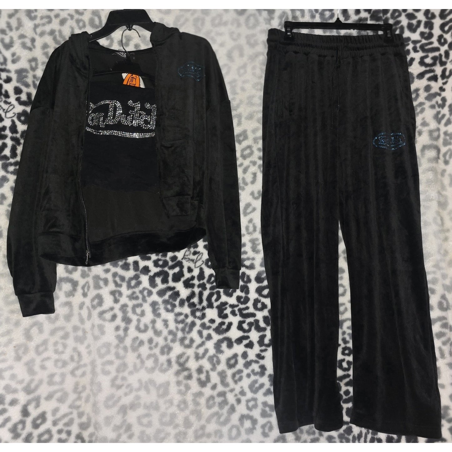 NWT Von Dutch Velour Black Tracksuit Set Blue Stone Logo Large + Bling Tube Top