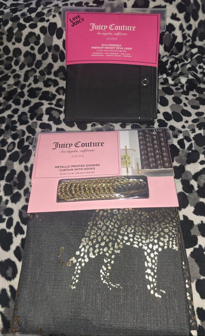 Juicy Couture Black Leopard Fabric Shower Curtain With Hooks & PEVA Liner