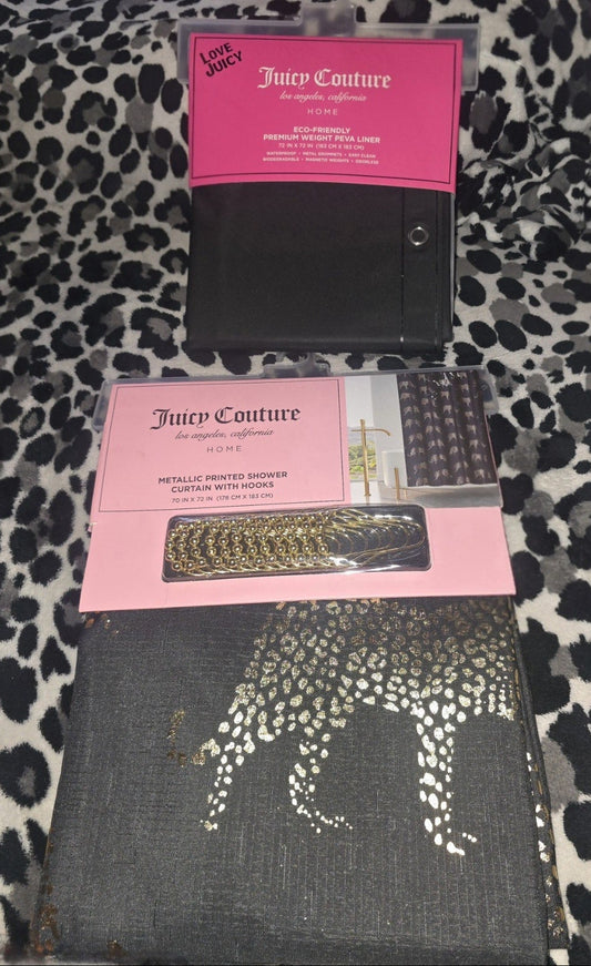Juicy Couture Black Leopard Fabric Shower Curtain With Hooks & PEVA Liner