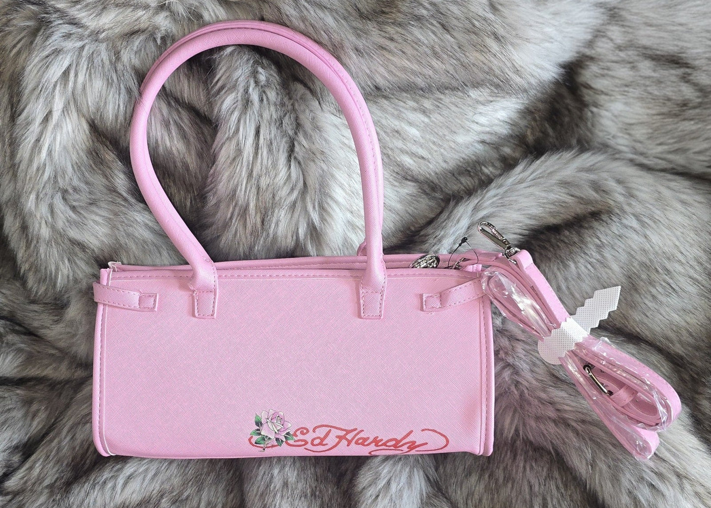 Ed Hardy Love Is Pink Tote Shoulder Bag Skull & Rose Medium Faux Leather Y2K Crossbody NWT