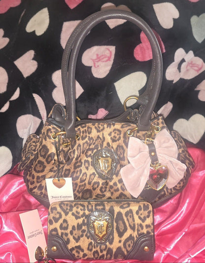 Juicy Couture Leopard Romance Satchel & Matching Large Wallet Set – Bow Charm 🐆