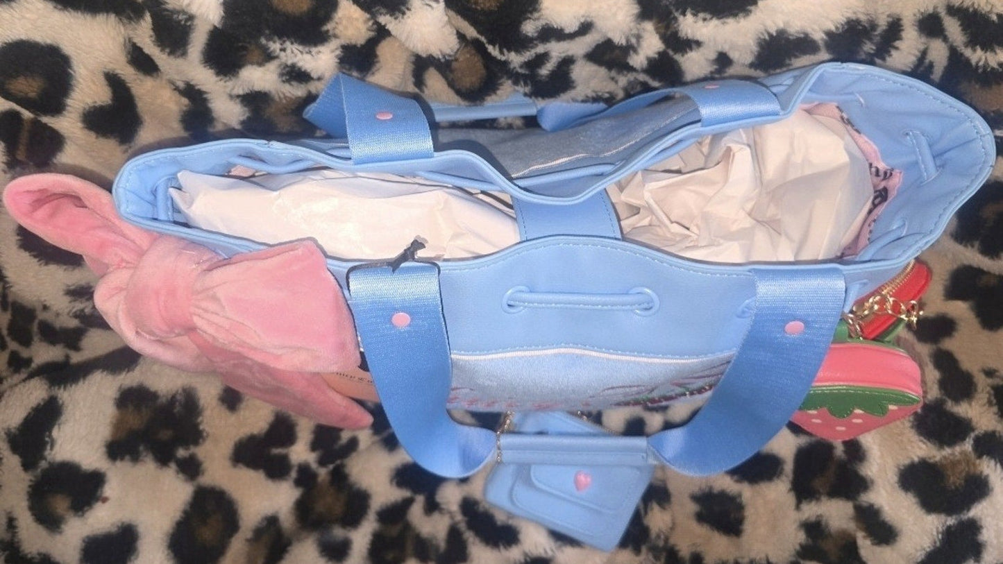 Juicy Couture Retro Strawberry Daydreamer Tote Blue Gleam Set Velour Y2K Bag with Micro Bag & Coin Purse NWT