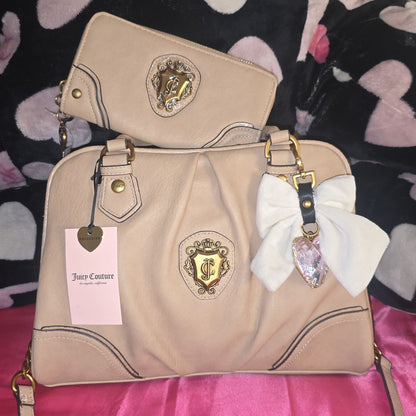 Juicy Couture Pecan Romance Satchel & Matching Wallet – Leather Bow Charm 👜