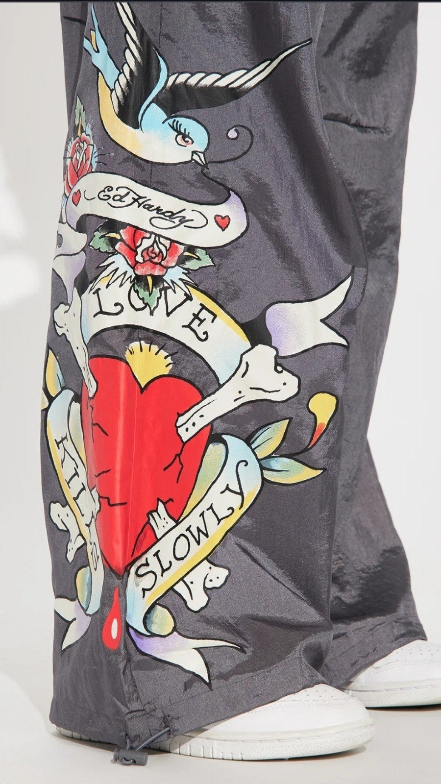 Ed Hardy Silver Cargo Pants With Pockets Sparrow Heart Love Kills Slowly NWT