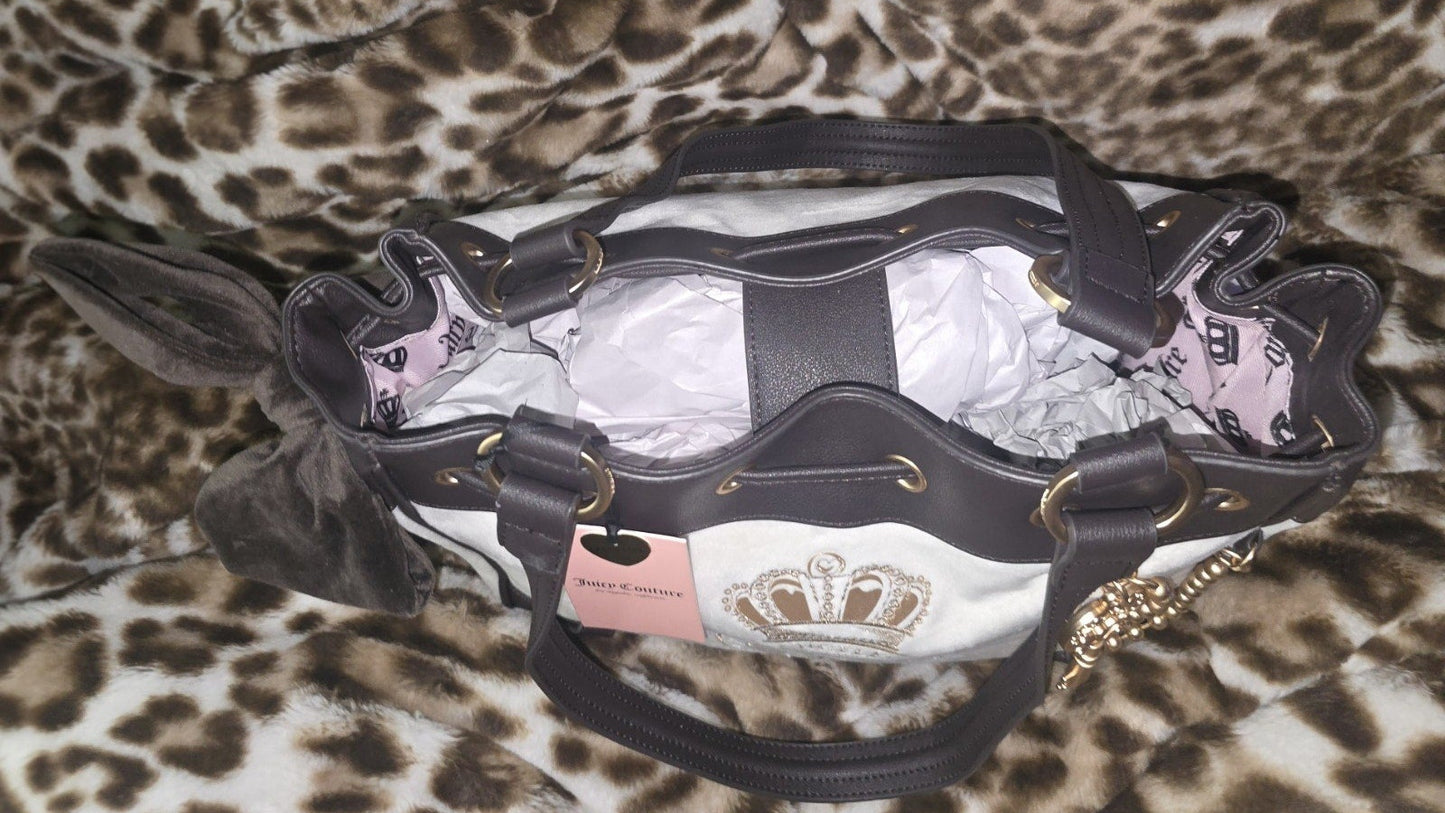 Juicy Couture Juicy Lover Daydreamer Tote Crystal White & Chocolate Brown Large Faux Leather Y2K Shoulder Bag NWT