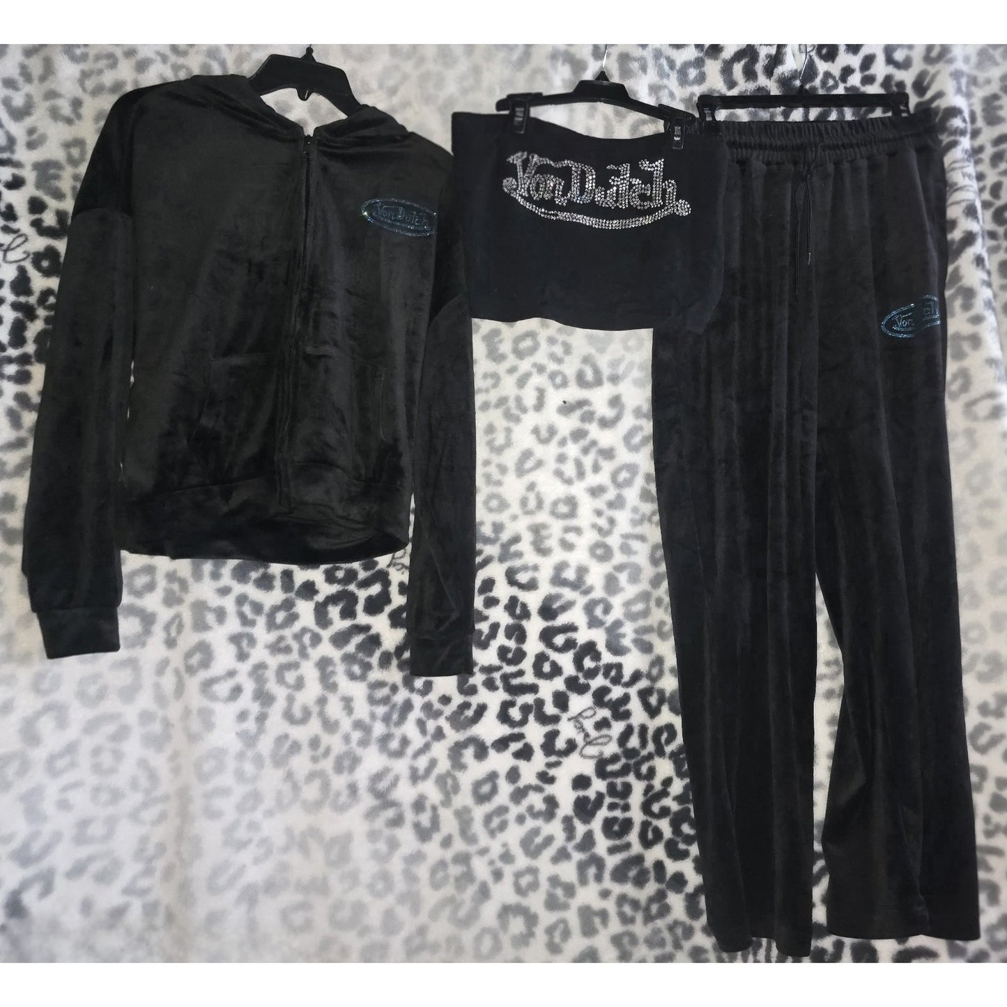 NWT Von Dutch Velour Black Tracksuit Set Blue Stone Logo Large + Bling Tube Top