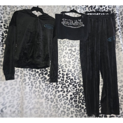 NWT Von Dutch Velour Black Tracksuit Set Blue Stone Logo Large + Bling Tube Top