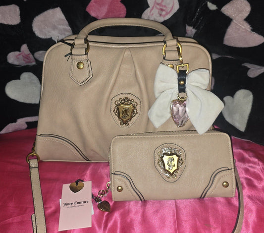 Juicy Couture Pecan Romance Satchel & Matching Wallet – Leather Bow Charm 👜