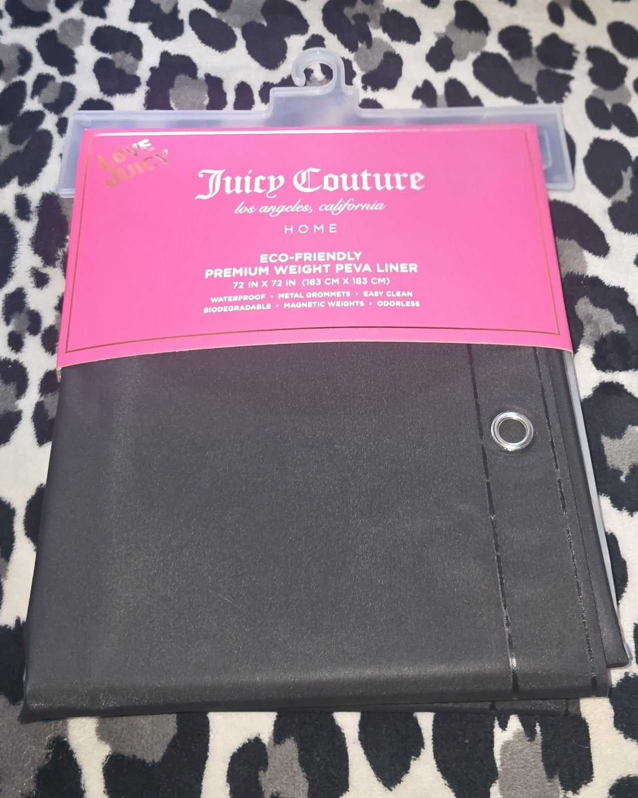 Juicy Couture Black Leopard Fabric Shower Curtain With Hooks & PEVA Liner