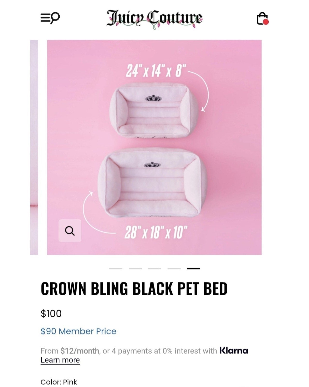 Juicy Couture Crown Bling Hot Pink Pet Bed – Small/Medium (24" x 14" x 8")👑
