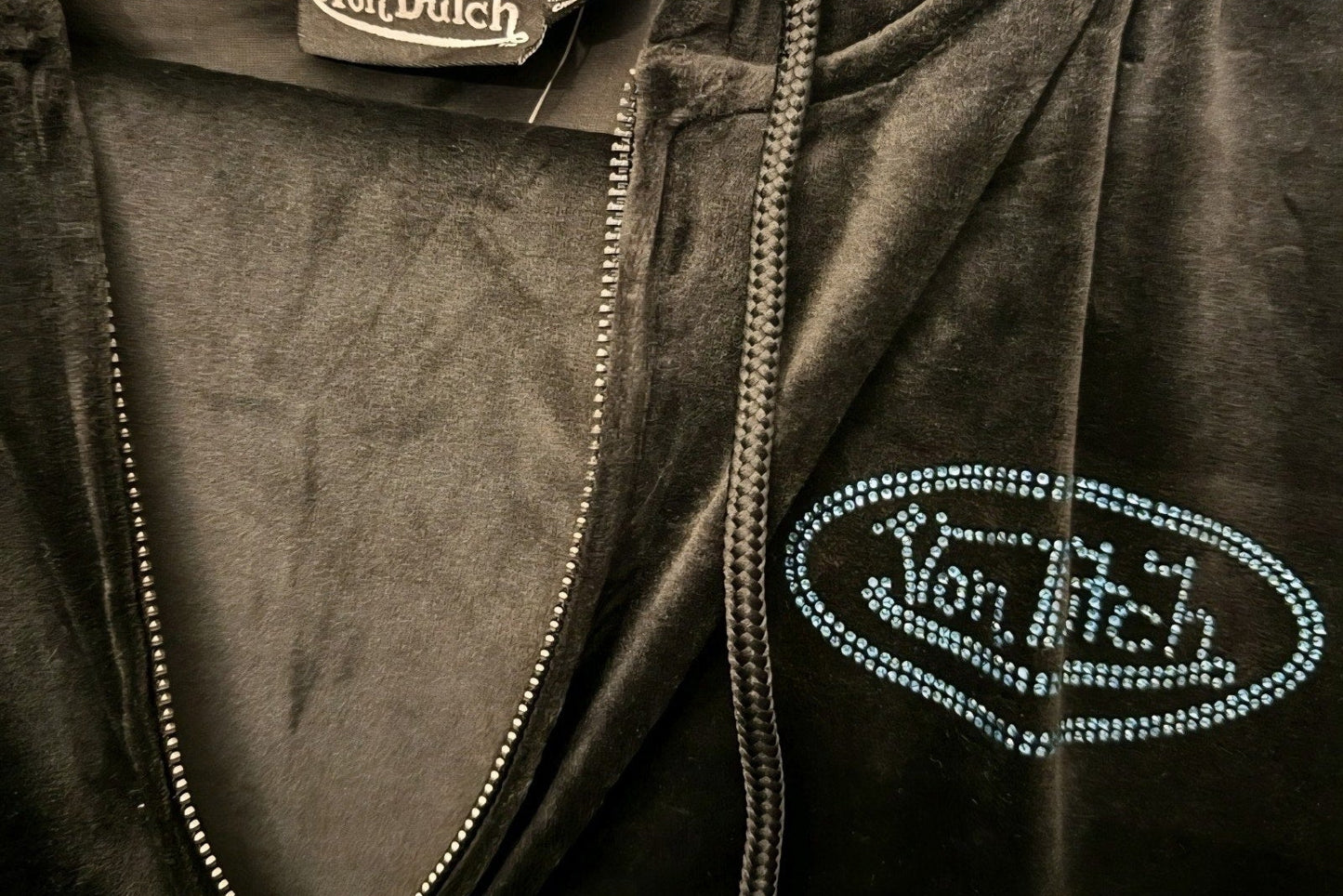 Von Dutch Velour Black Tracksuit Set – Blue Stone Logo (Large) + XL Rhinestone Tube Top
