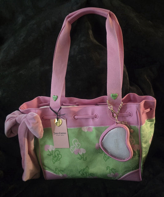 Juicy Couture Retro Cherry Daydreamer Tote Retro Green Multi Large Velour Y2K Cherry Shoulder Bag NWT