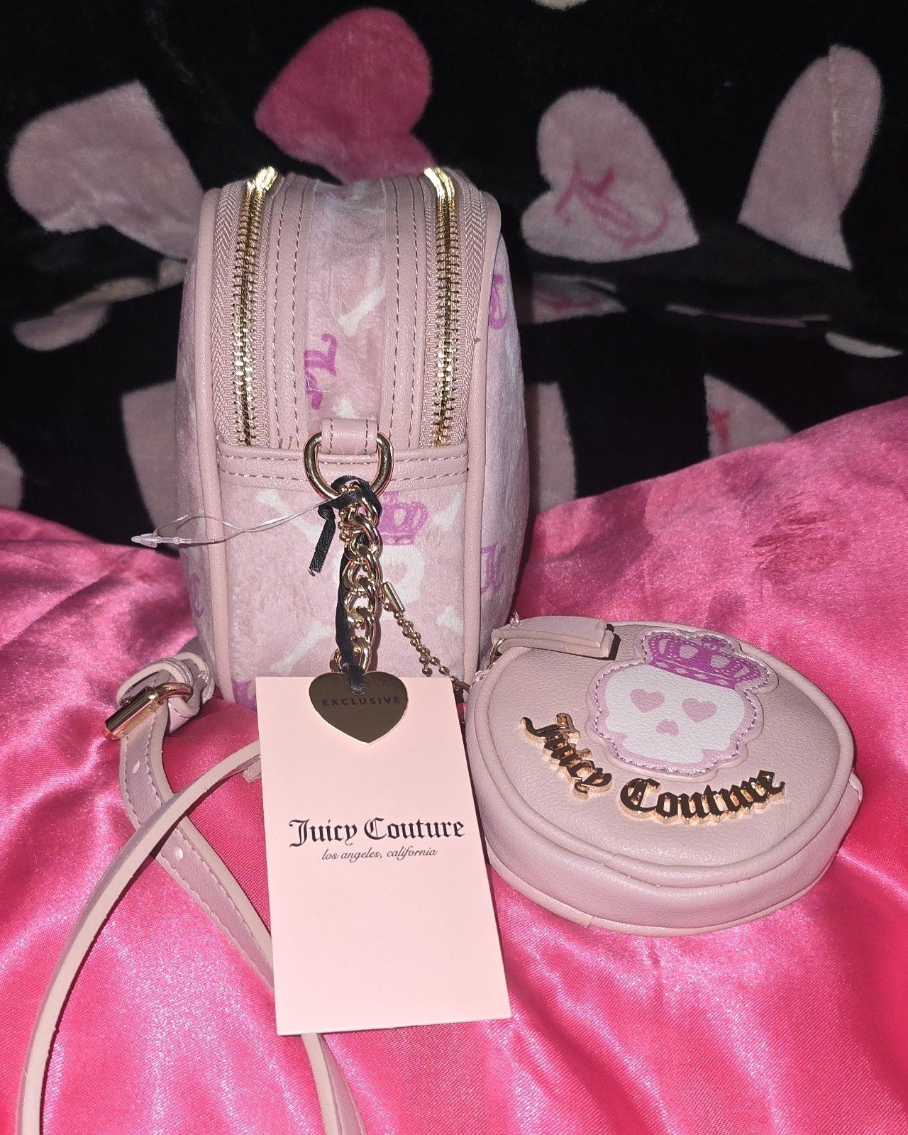 Juicy Couture Haunted Couture Pink Skull Double Zip Crossbody with Skull Pouch 💀