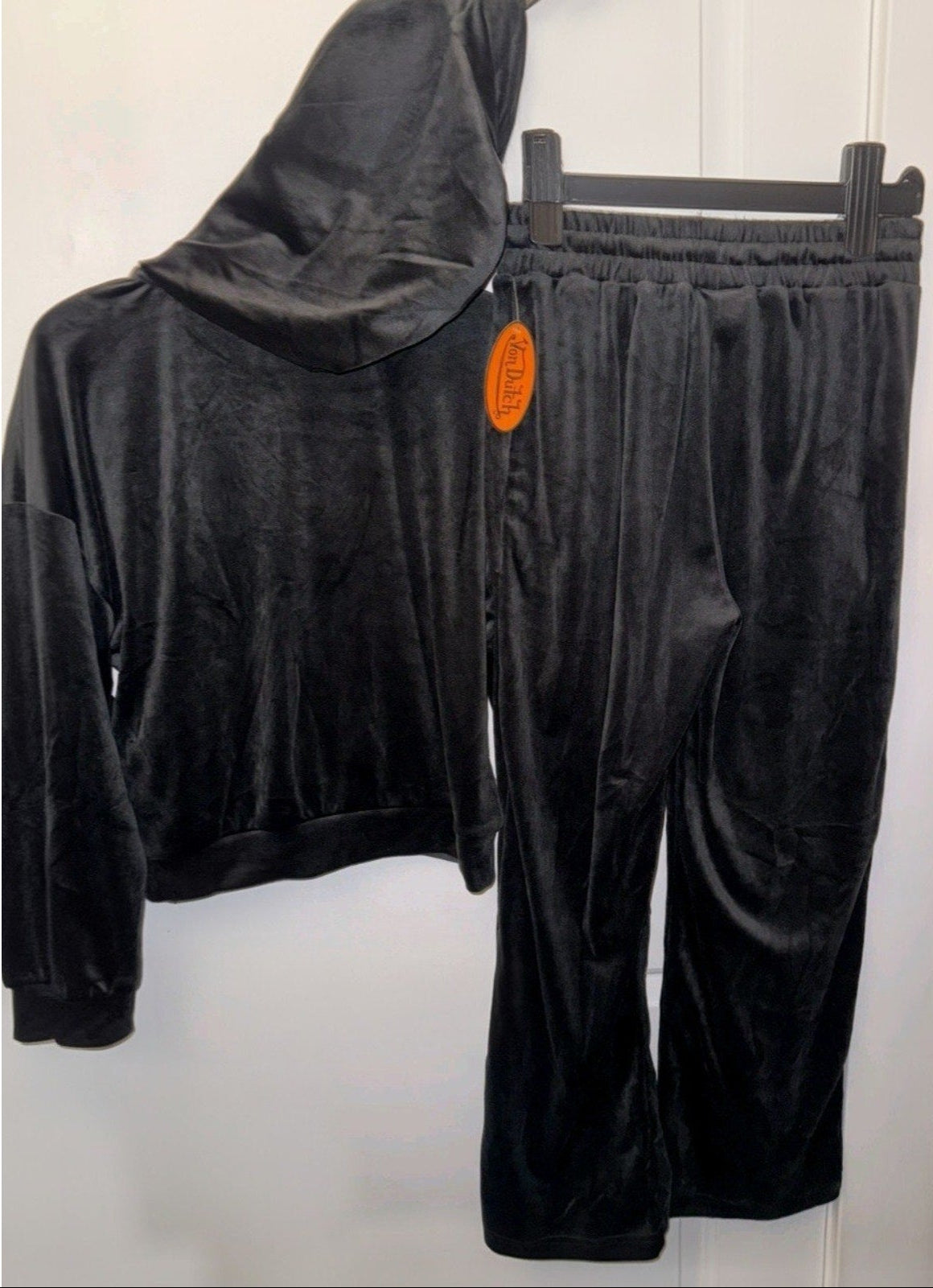 Von Dutch Velour Black Tracksuit Set – Blue Stone Logo (Large) + XL Rhinestone Tube Top